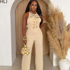 HLJ Elegant Beaded Patchwork Bodycon Jumpsuits Woman Sleeveless Backless Flare Pants One Piece Romper Female Streetwear Overalls