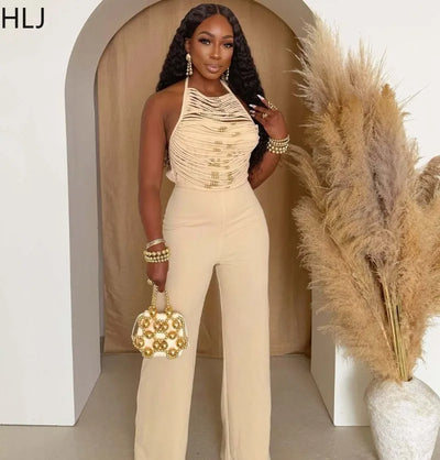 HLJ Elegant Beaded Patchwork Bodycon Jumpsuits Woman Sleeveless Backless Flare Pants One Piece Romper Female Streetwear Overalls