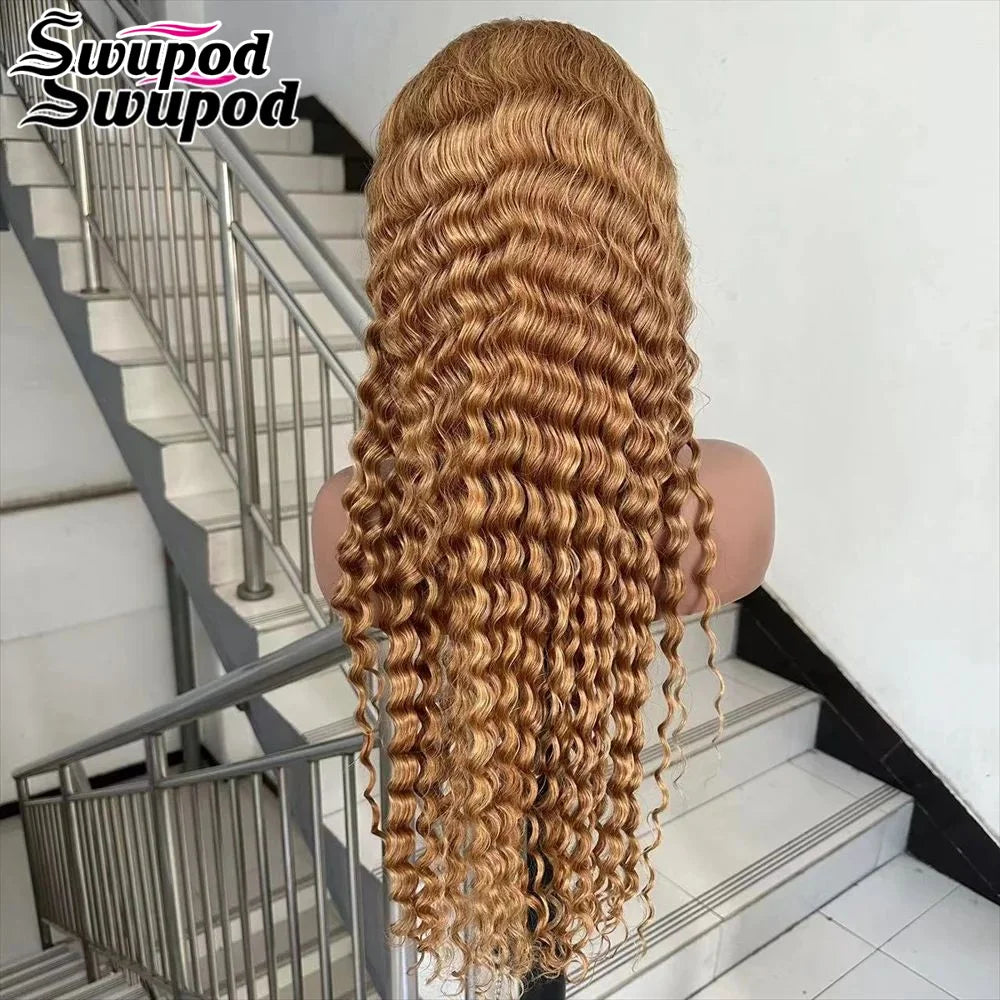 Swupod 200 Density Full 13x4 13x6 HD Lace Front Wig for Women Remy Human Hair Deep 4x4 Frontal Wig 27#Light Brown Color Glueless