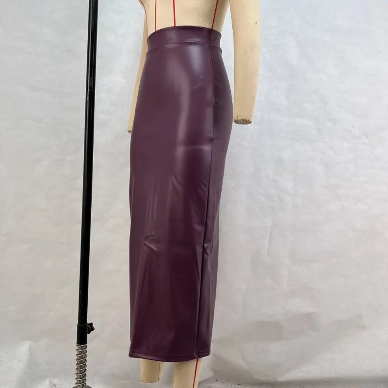 Trendix Women Elegant Burgundy Skirt High Waist Slim Fashion Slit Long Skirts Female Party Slim Club Sexy Vintage PU Skirts 2024