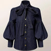 Gymystars New Trendy Imitation Denim Blouse Tops for Women Long Puff Sleeves Bow-Embellished High Neck Women's Autumn Shirts