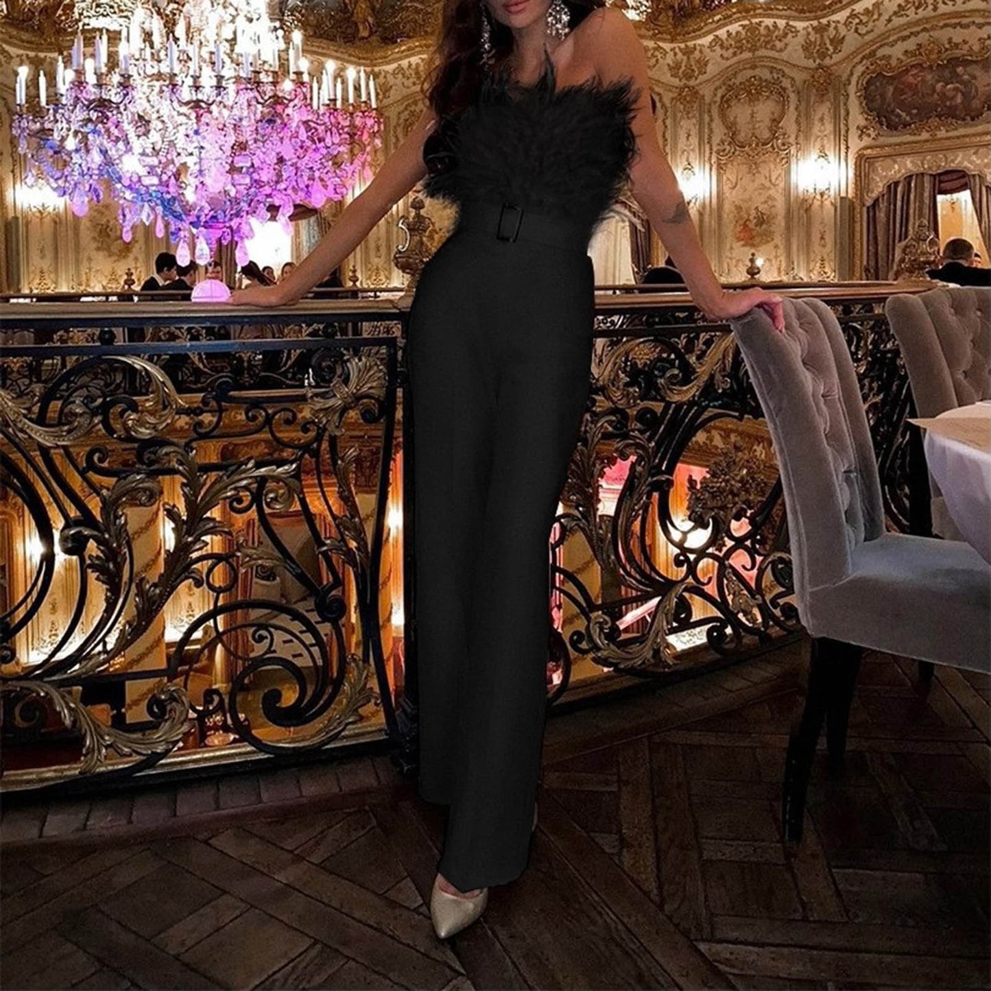 Women Jumpsuit Feather Tube Top Sexy Evening Party Jump Suits Sleeveless High-waisted Straight Playsuits Night Clubwear Overalls