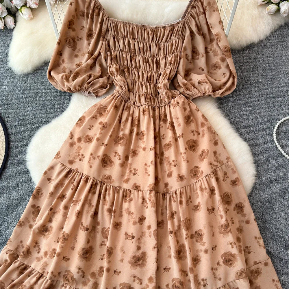 2024 New Summer Flower Print Long Dress Women Vintage Square Neck Ruched Chest Sash Bandage Sundress Party Vestidos