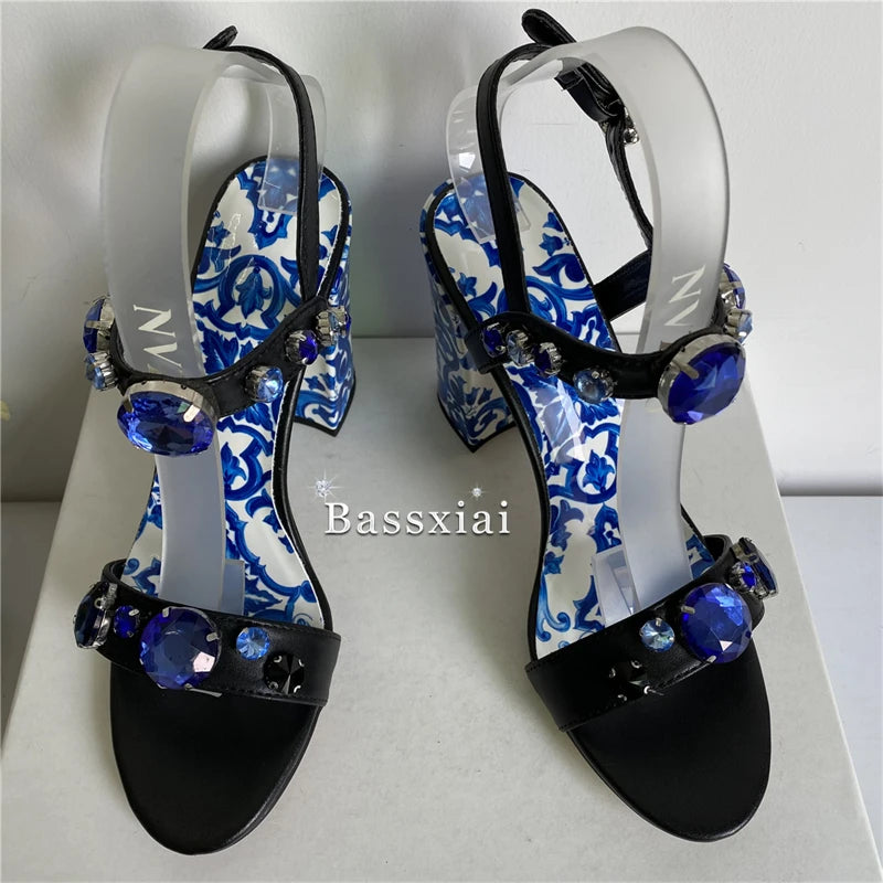 Luxury Diamond Crystal Decor Modern Sandals Women Blue And White Porcelain Print Ankle Strap Summer Shoes For Girls