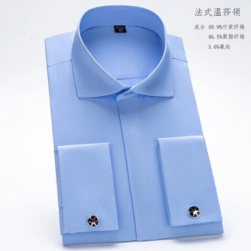 Men's French cufflink shirt with long sleeves slim fit concealed buttons solid color high end wedding dress formal men's
