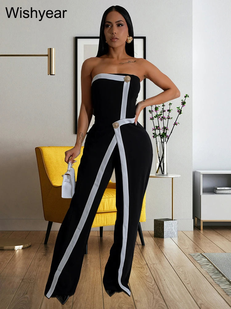 Wishyear Irregular Off Shoulder Sleeveless Strapless Jumpsuits Women Button Patchwork Wide Leg Pants Evening One Piece Outfits