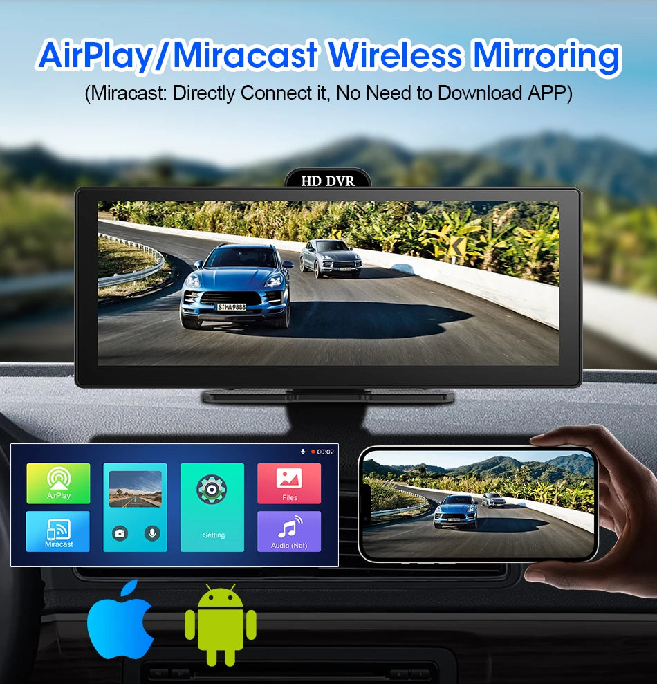 11.26 Inch 4K DVR Wireless CarPlay & Android Auto Dash Cam Bluetooth Audio GPS Navigation Dashboard Dual Lens Video Recorder