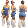 HLJ&GG Blue Sexy Denim Pocket Cargo Bodycon Rompers Women Off Shoulder Sleeveless Backless Slim Jumpsuit Fashion Cowboy Playsuit