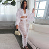 Women Summer Beach 2 Piece Skirt Set Long Sleeve Crop Top and Maxi Skirt Crochet Swimwear Fringe Tassel Hollow Out Loose Outfits