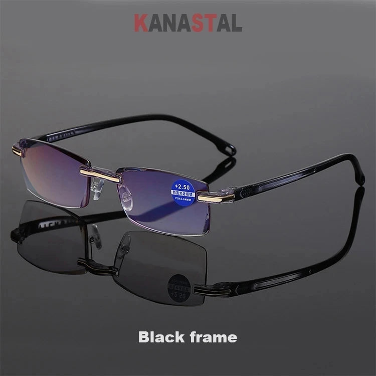 Men Blue Light Blocking Reading Glasses Women Dimond Cutting Rimless Eyeglasses Frame Anti Fatigue Hyperopia Presbyopic Eyewear
