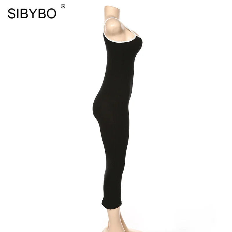 SIBYBO Ribbed Spaghetti Strap Cotton Dress Women Sleeveless O-Neck Summer Dress Solid Backless Long Party Dress