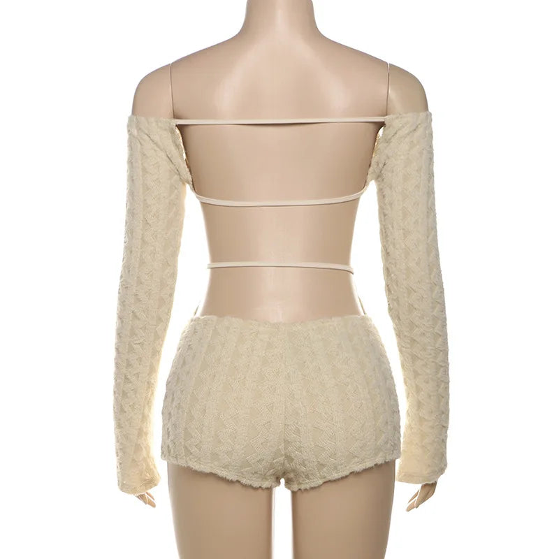 2025 Spring Women's Clothes Above Knee Sexy Knit Rib Romper One Piece Off Shoulder Long Sleeve Skinny Short Jumpsuits Playsuits