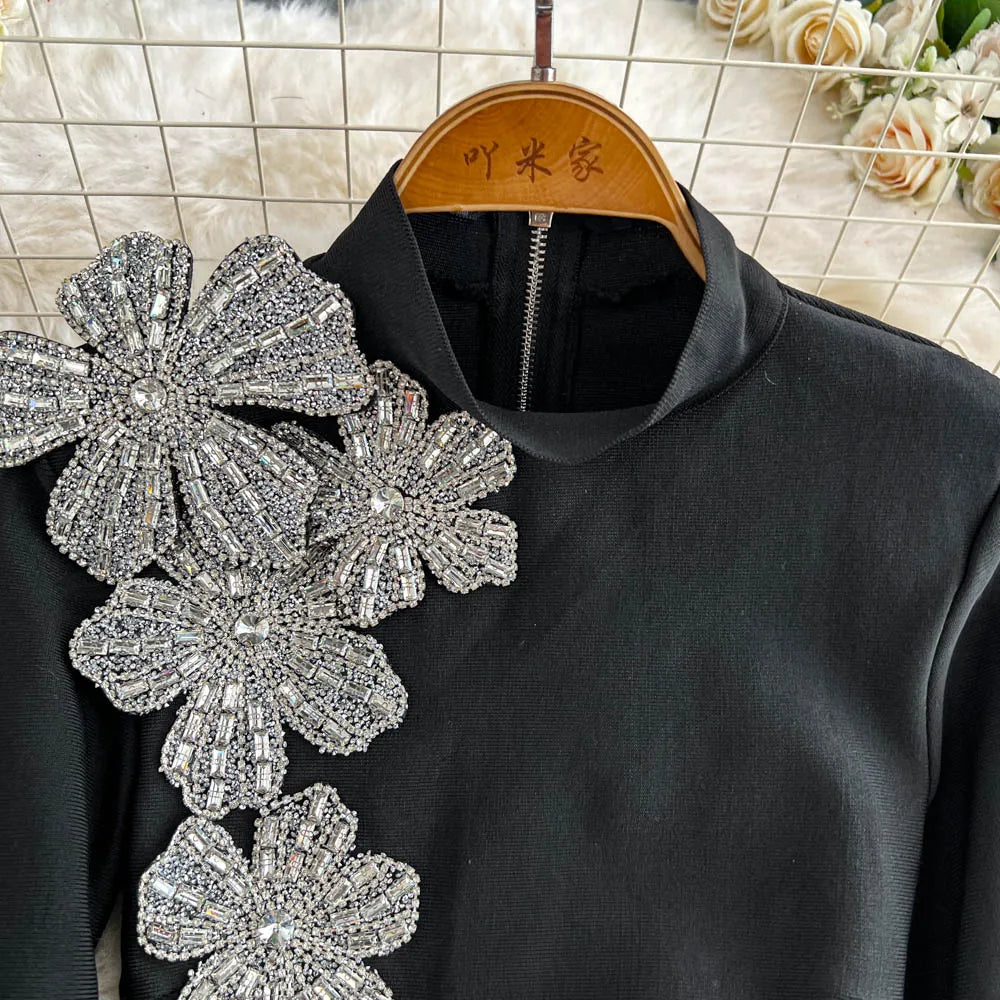 Faionable Diamond Embellied Wrap Skirt Set ort Top Long Dr Slimming High Collar Long Sve Zipper Two Piece Set