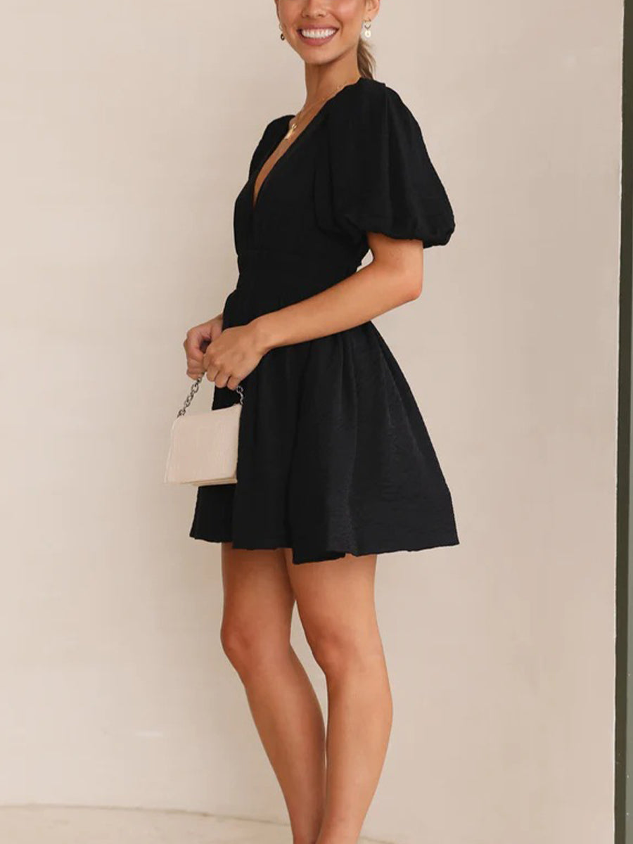 Women Summer Casual A-line Dress Solid Color Deep V-Neck Short Puff Sleeve Mini Dress Fashion Party Short Dress