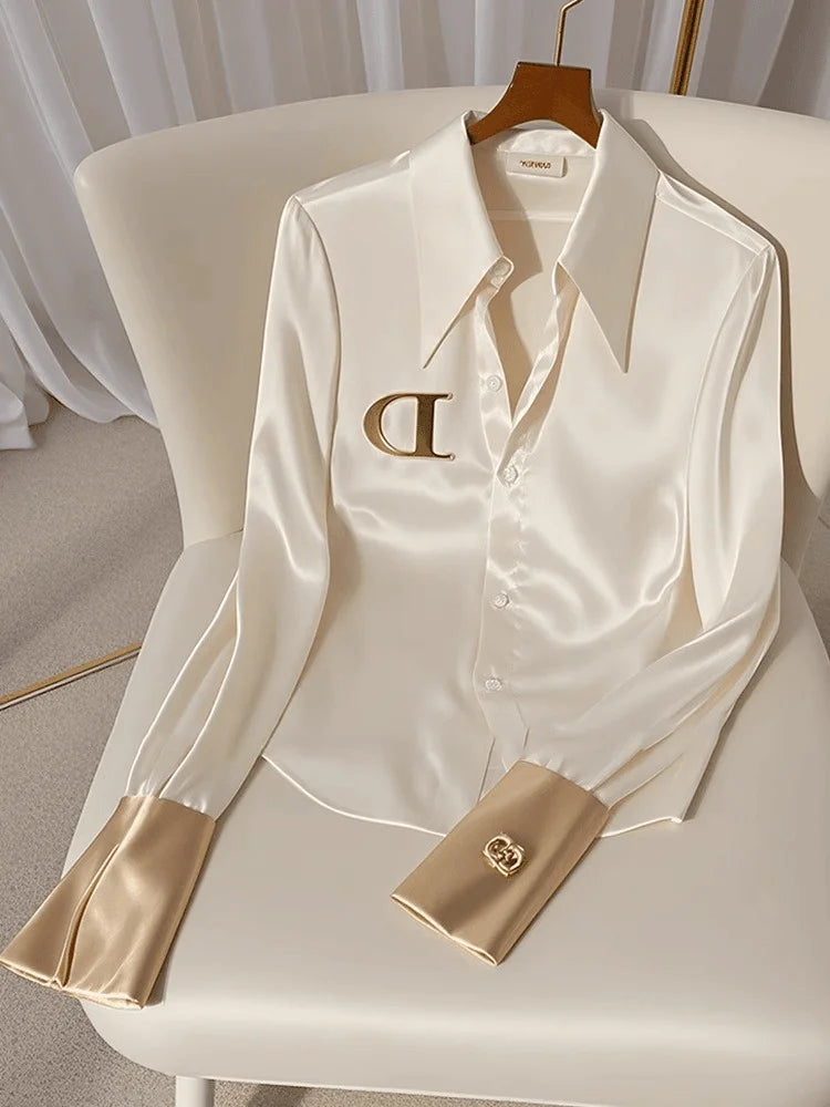 Elegant French Women's White Satin Shirt Turn-down Collar Long Sleeve Blouse Autumn/Winter for Women Casual Simple Office Lady
