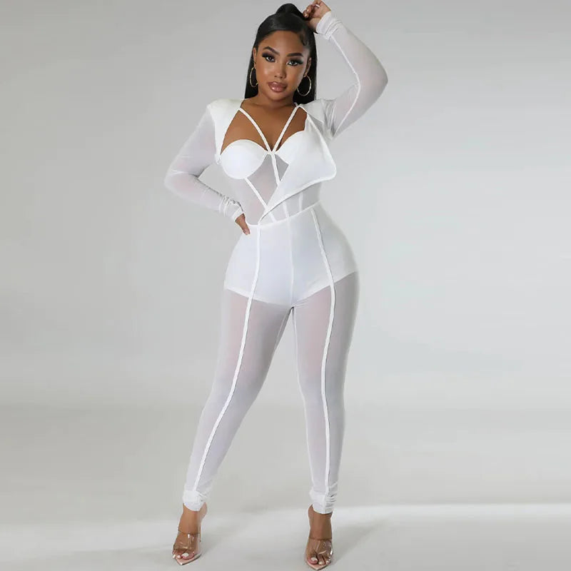Sexy Mesh Patchwork Sheer Night Club Bodycon Jumpsuit for Women See Through One Piece Rompers Clubwear Party Birthday Outfits