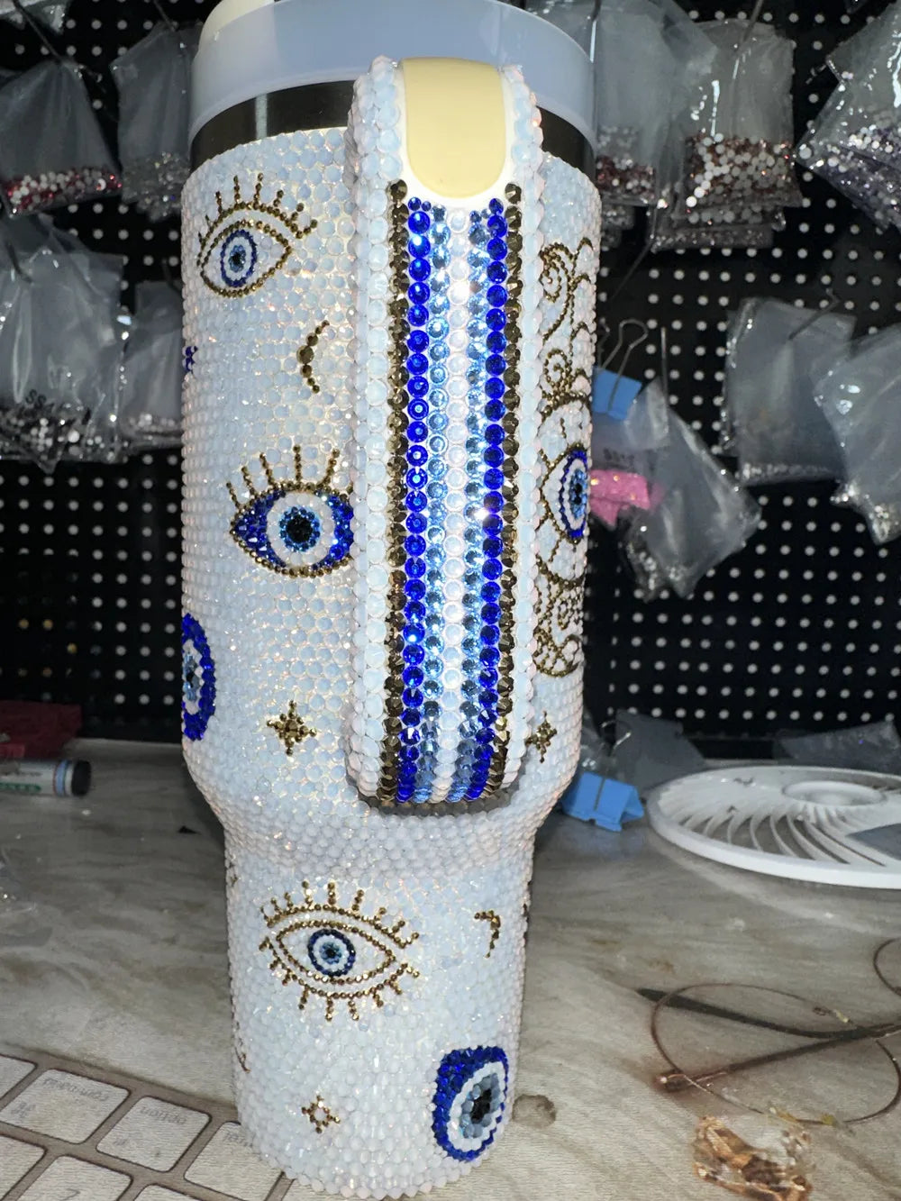 Personalized Customized DIY Handmade 40oz Evil eye Opal White Bling Rhinestone Tumbler