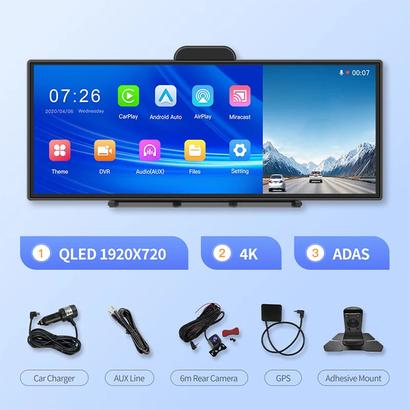 New Imagebon 11.4″ H70 Pro 4K ADAS QLED In-cell Display Car DVR Wireless CarPlay & Android Auto Night Vision AUX FM Dash Camera