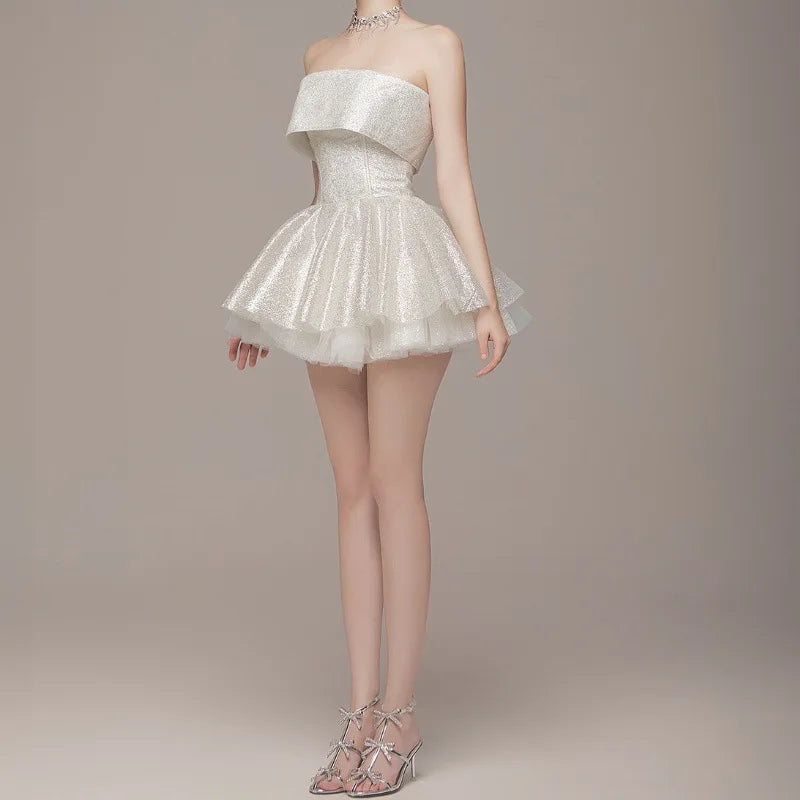 Elegant Strapless Corset Short Dress Off Shoulder Shiny Dresses Sparkly Backless Robe Ball Gown Birthday Evening Party Cocktail