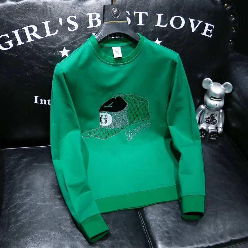 Round Collar Men's Pullover New Male Hoodies Personalized Hat Hot Diamond Print Fashionable Top Youth Bottoming Shirt Clothing