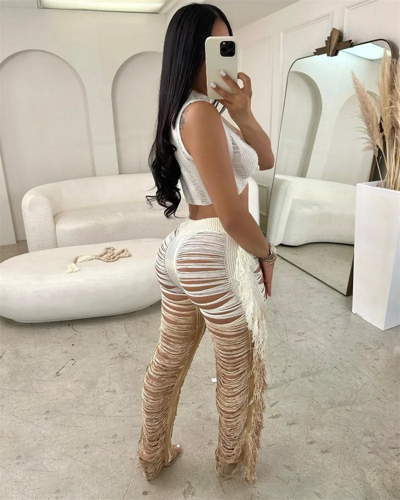 Gradient Color Crochet Two Piece Set for Women Summer Beach Crop Top and Wide Leg Pants Tassel Hollow Out Hole Vacation Outfits