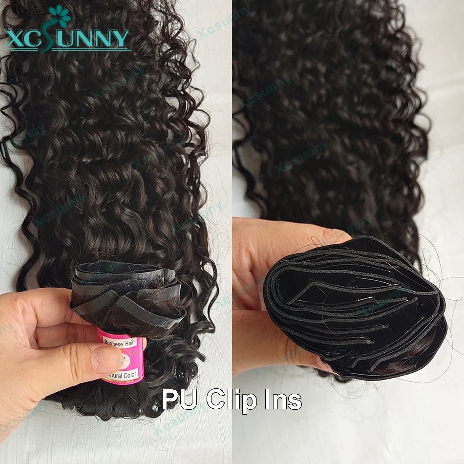 Seamless PU Clip In Hair Extensions Human Hair Water Wave Burmese Weft Clip Ins Extensions Curly 100g/120g/200g/240g