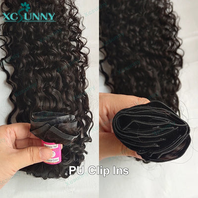 Seamless PU Clip In Hair Extensions Human Hair Water Wave Burmese Weft Clip Ins Extensions Curly 100g/120g/200g/240g