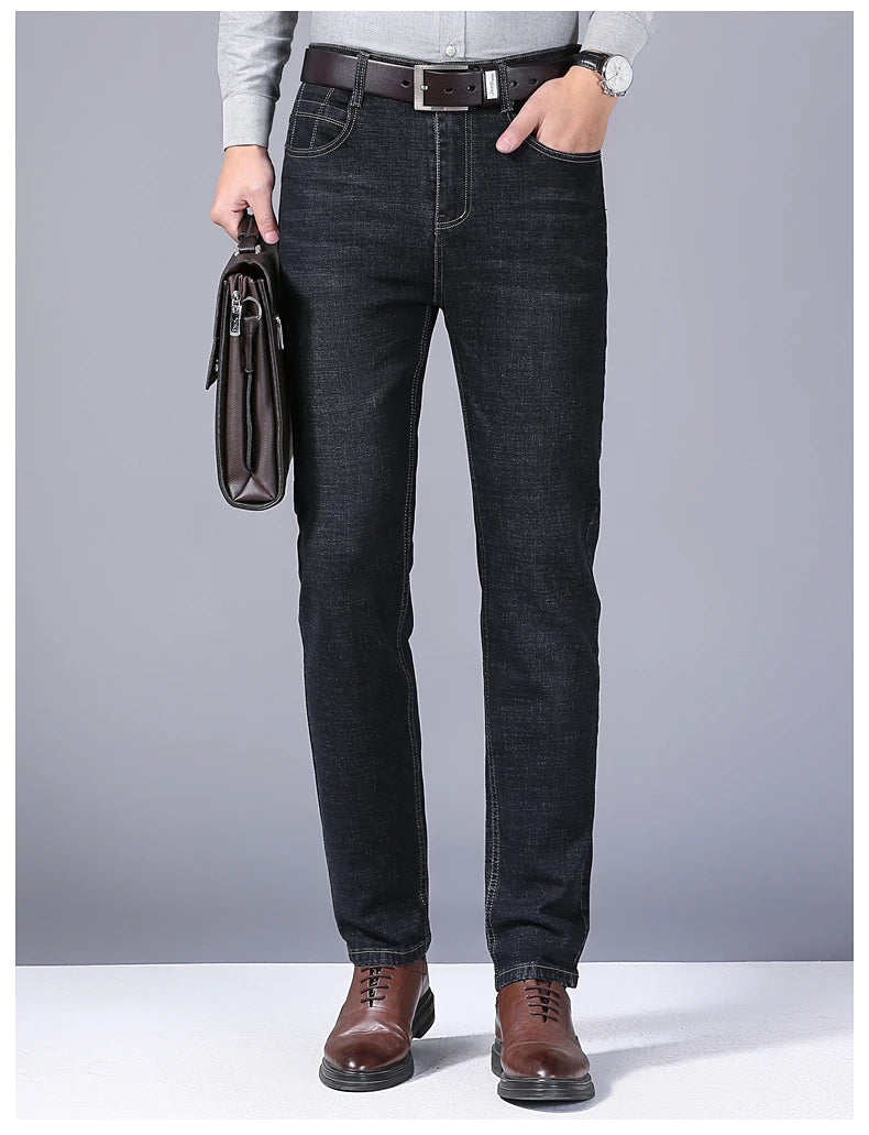 2024 New Business Men's Jeans Casual Straight Stretch Fashion Classic Blue Black Work Denim Trousers Male Brand Clothing