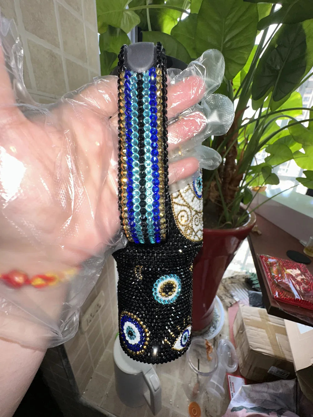 Personalized Customized DIY Handmade 40oz Evil eye Opal White Bling Rhinestone Tumbler