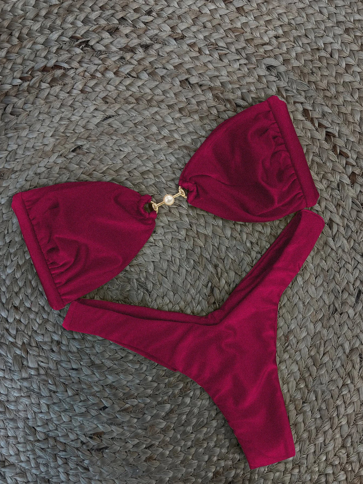 2025 New Sexy Burgundy Bikini Set with Gold Detail- Bandeau Top with High-Cut Bottoms, Perfect for Summer Beach and Pool Parties