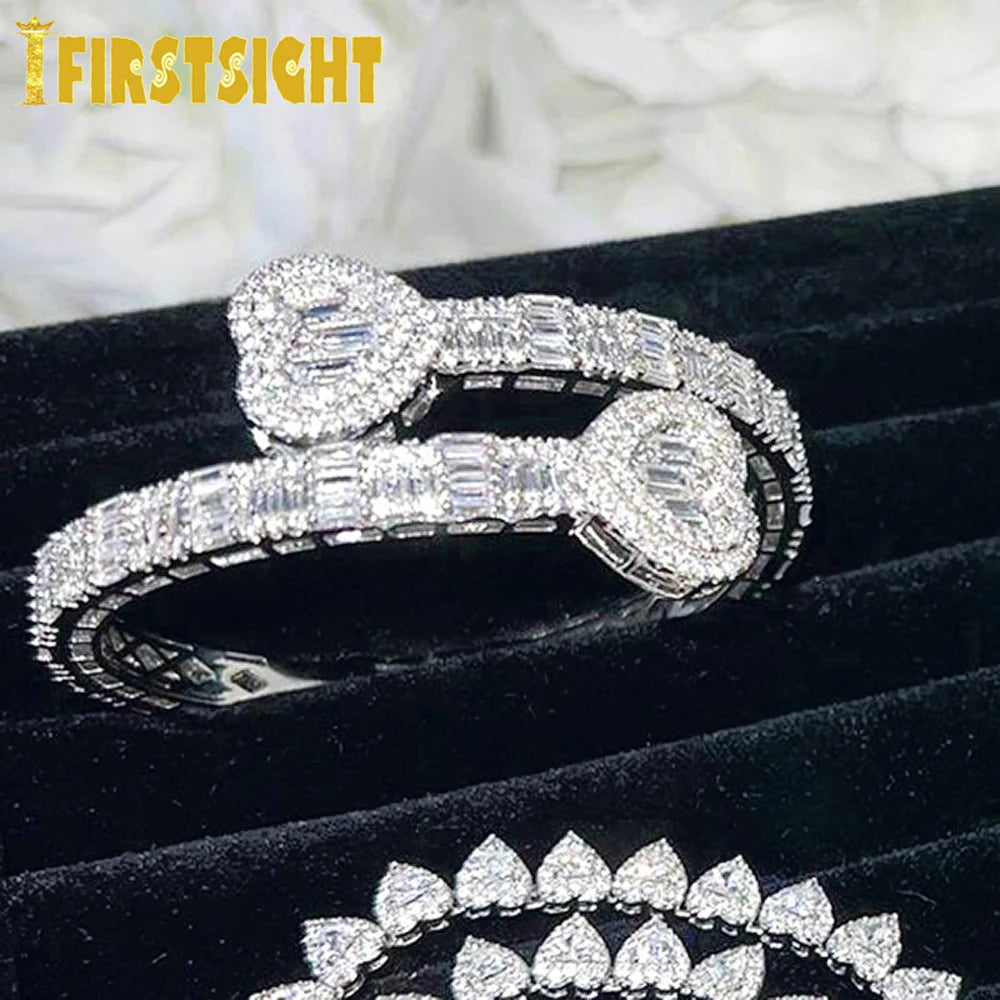 2025 New Iced Out Bling Opened Heart Zircon Charm Bracelet Rectangle AAA CZ Hearts Bangle For Men Women Hiphop Luxury Jewelry