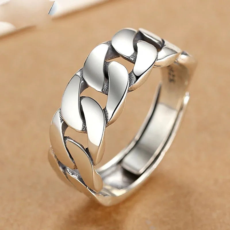 BFCLUB 925 Sterling Silver Rings For Women Men Fine Jewelry Finger Adjustable Open Vintage Chain Ring For Party Birthday Gift
