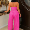 Beyprern New Chic Button Details Palazzo Jumpsuit One Piece Outfits Womens Ruched Strapless Wide Legs Jumpsuits Romper Clubwear