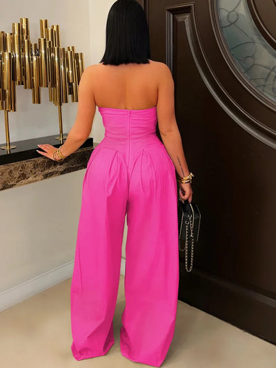 Beyprern New Chic Button Details Palazzo Jumpsuit One Piece Outfits Womens Ruched Strapless Wide Legs Jumpsuits Romper Clubwear