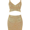 BEAUKEY Quality 2 Piece Set Shinny Metallic Rose Gold Bodycon Top & Skirt  New Mini Short Sexy Party Night Club Set