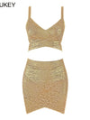 BEAUKEY Quality 2 Piece Set Shinny Metallic Rose Gold Bodycon Top & Skirt  New Mini Short Sexy Party Night Club Set