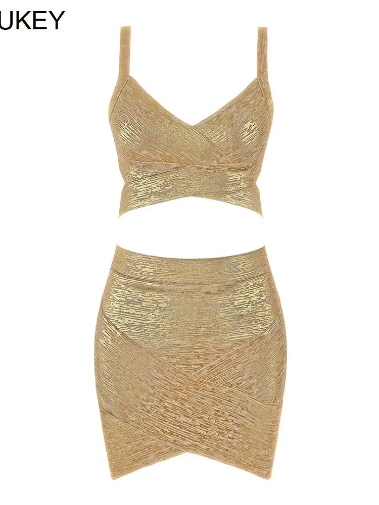 BEAUKEY Quality 2 Piece Set Shinny Metallic Rose Gold Bodycon Top & Skirt  New Mini Short Sexy Party Night Club Set