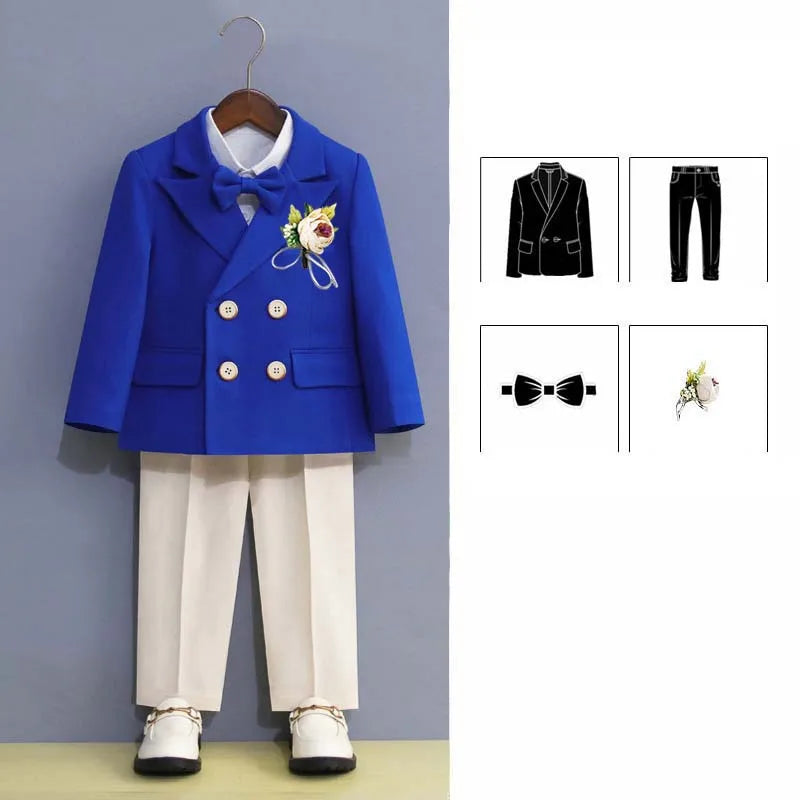 Boys Royal Blue Orange Suit For Wedding Kids Jacket Pants Bowtie Flower 4PCS Ceremony Tuxedo Dress Children Photograph Costume
