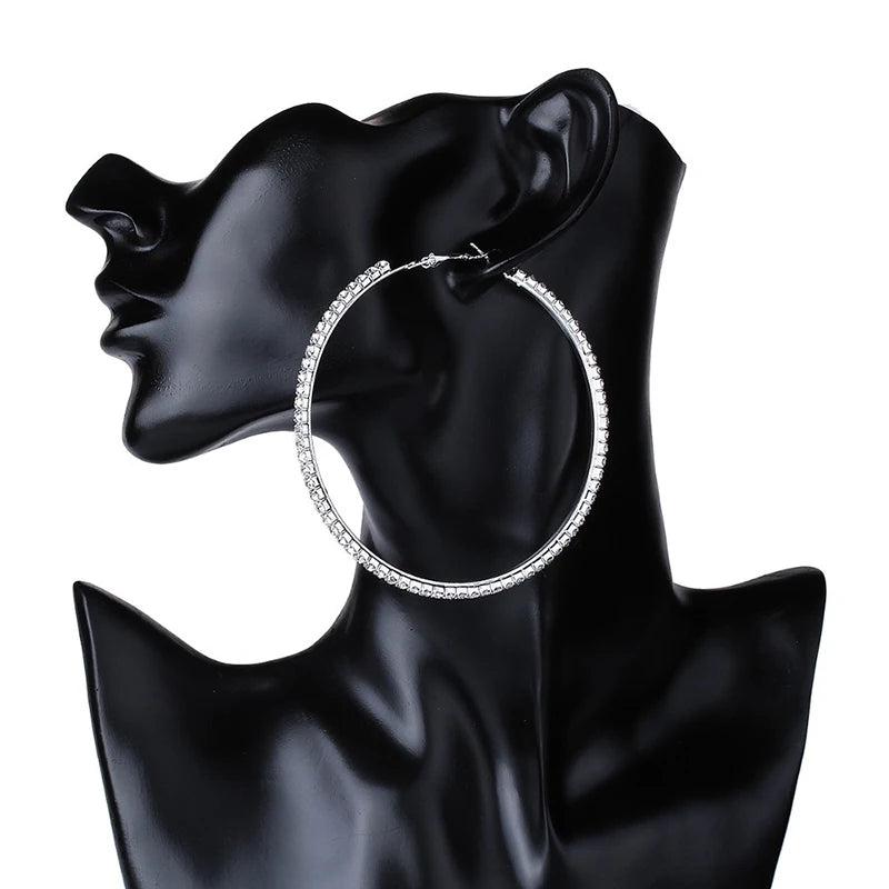 30-80mm Big Hoop Earrings For Women Girls Circle Crystal Rhinestone Earrings Black Gold Silver Color Round Earings Party Gift