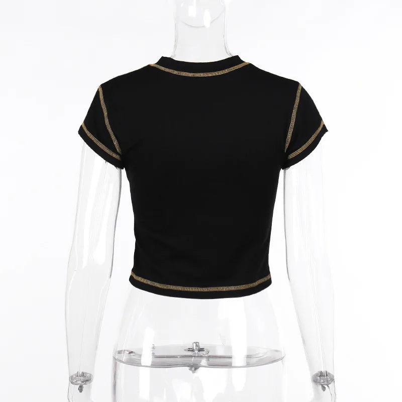 Hollow Out Crop Top Women O-Neck Aesthetic Clothes Letter Printed Y2k Accessories Short Sleeve Roupas Femininas Estilosas Summer