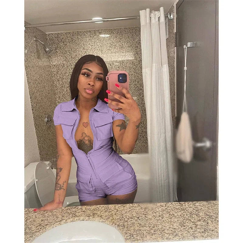 Streetwear Zipper Pockets Shorts Jumpsuit Women Clothing Short Sleeve Skinny Cargo Playsuit Summer Casual One Pieces Romper