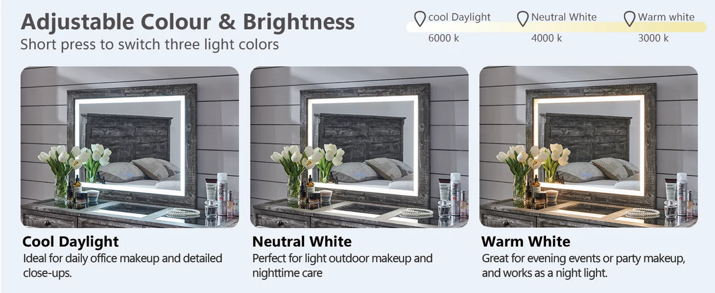 69" W rustic wood bedroom dresser with glass top, 9 large storage drawers, 3 color usable lights and 30 "HD Led mirror