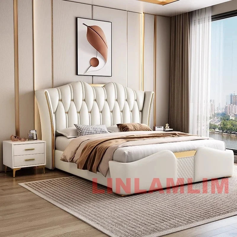 MINGDIBAO Luxury Modern Upholstered Bed Frame with Gold Accents, Genuine Leather Designer Bed, Queen/King Size Bedroom Furniture