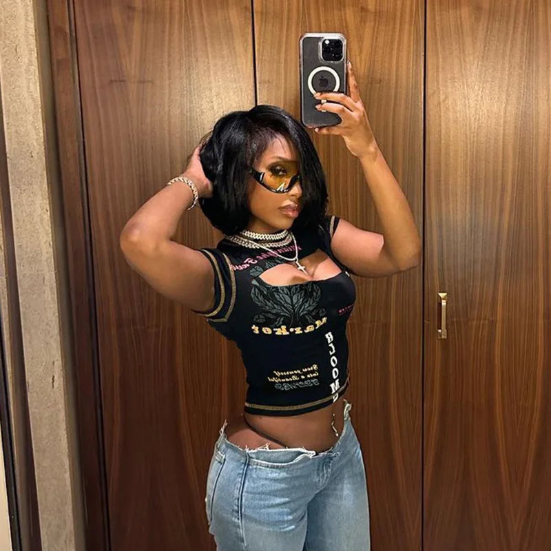 Hollow Out Crop Top Women O-Neck Aesthetic Clothes Letter Printed Y2k Accessories Short Sleeve Roupas Femininas Estilosas Summer