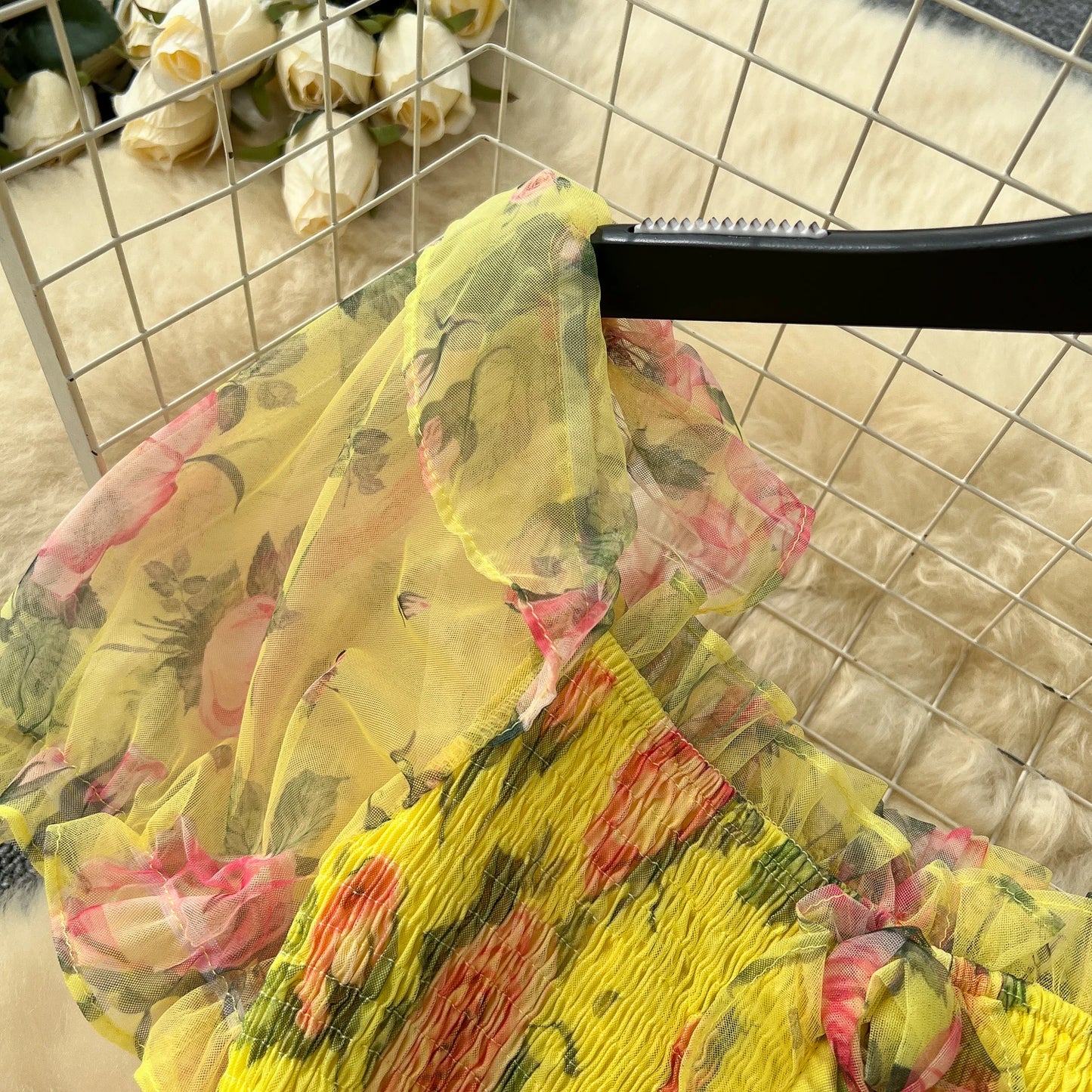 Elegant Slash Neck Vintage Short Puff Sleeve Chic Print Slim Chiffon Dresses French High Street Evening Autumn Mesh Clothing