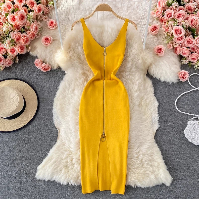 Zipple  2023 Sexy Summer Knit Strap Dress Women Tank Elatic Waist Bodycon Sundress Female Beach Split Backless Midi Dress