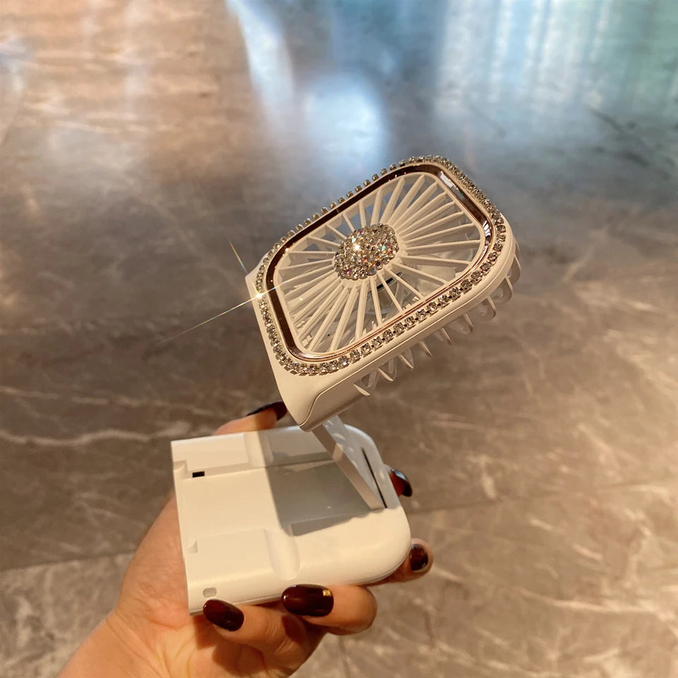 USB Folding Portable Mini Charging Small Fan Rhinestones Handheld Desktop Stand for Student Office Universal Cooling Ventilador