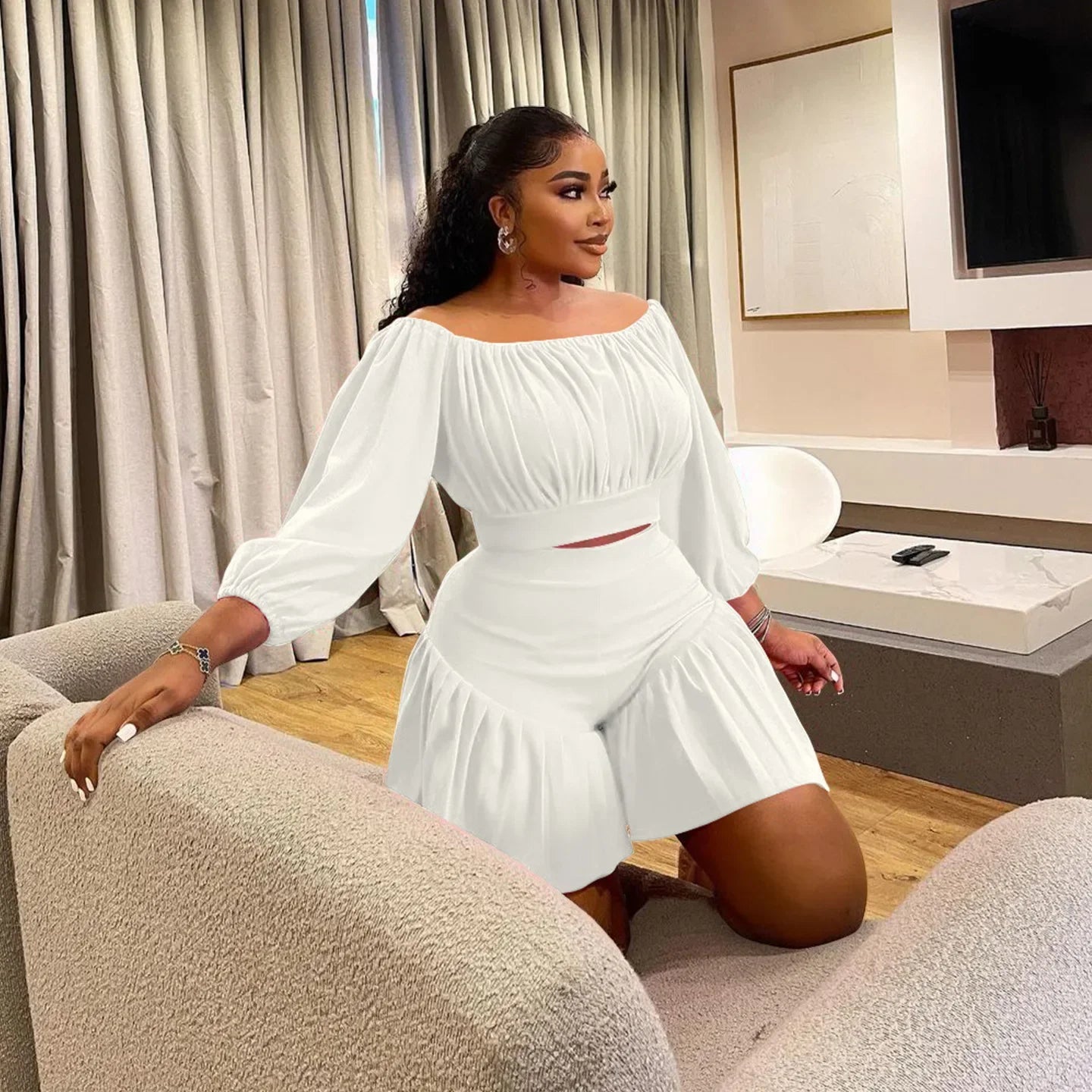 Customized Plus Size Women's Set Long Sleeve Slash Neck T-Shirt and Shorts 2025 Summer Ruched Two 2 Piece Set Outfits Tracksuit