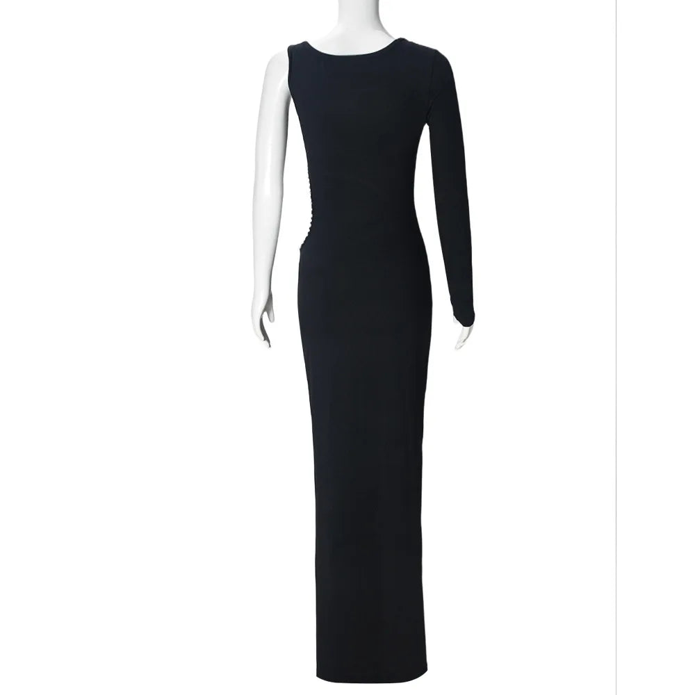Joskaa Elegant Rhinestone Hollow Maxi Birthday Dress Woman Sexy O-Neck Single Sleeve Skinny Vestidos 2025 Evening Party Clubwear