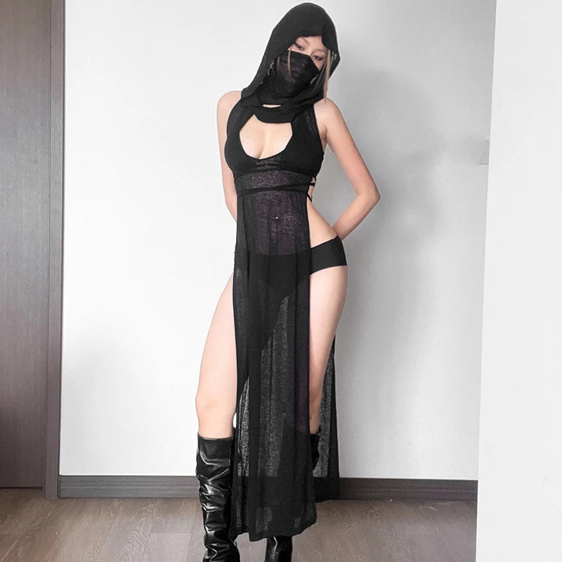 OMSJ Women Gothic 2024 Black Hooded Knitted High Split Long Dress Hollow Sexy See-through Straight Dress Festival Rave Club Wear